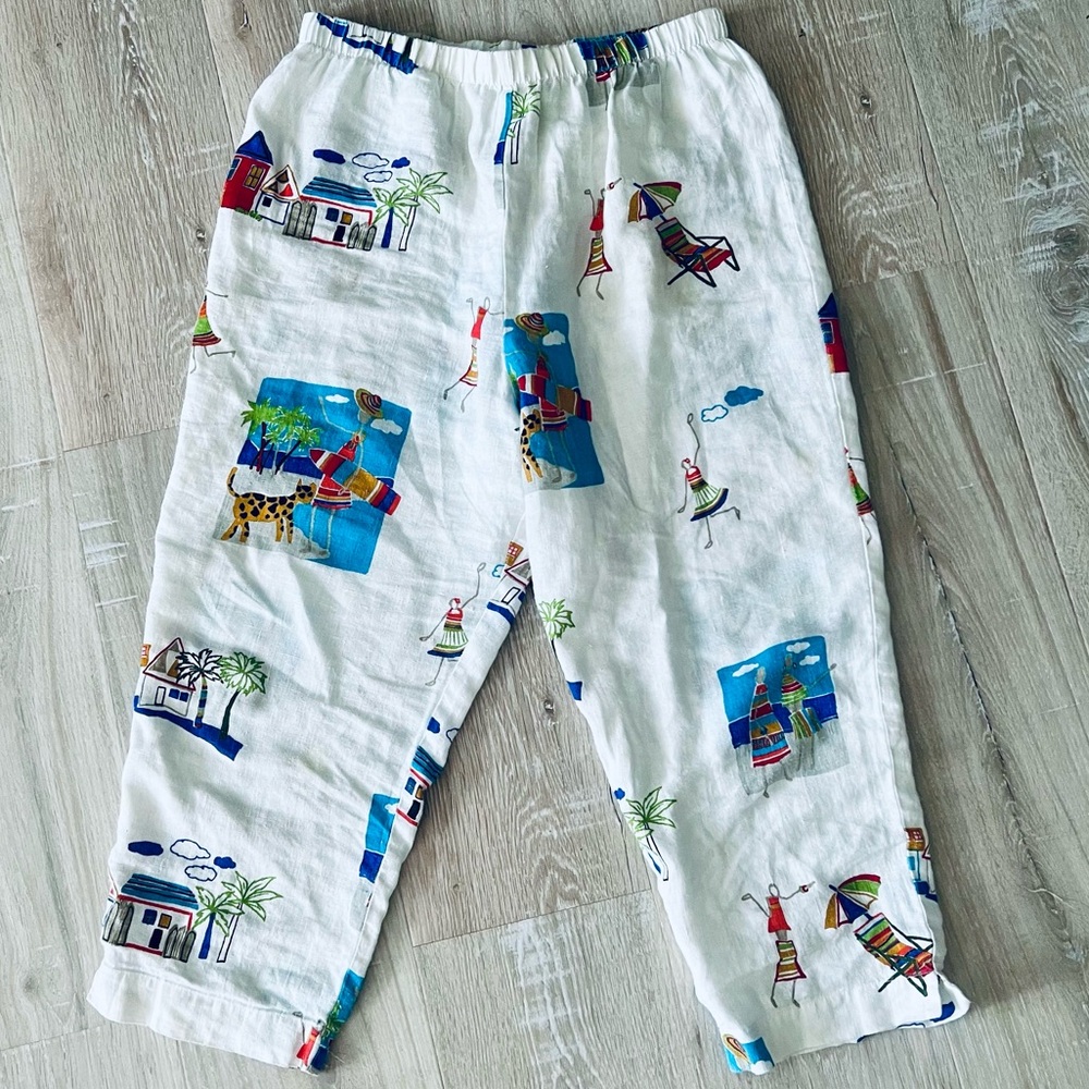 100% Linen Beach Themed Hot Cotton Capri Pants Loungewear